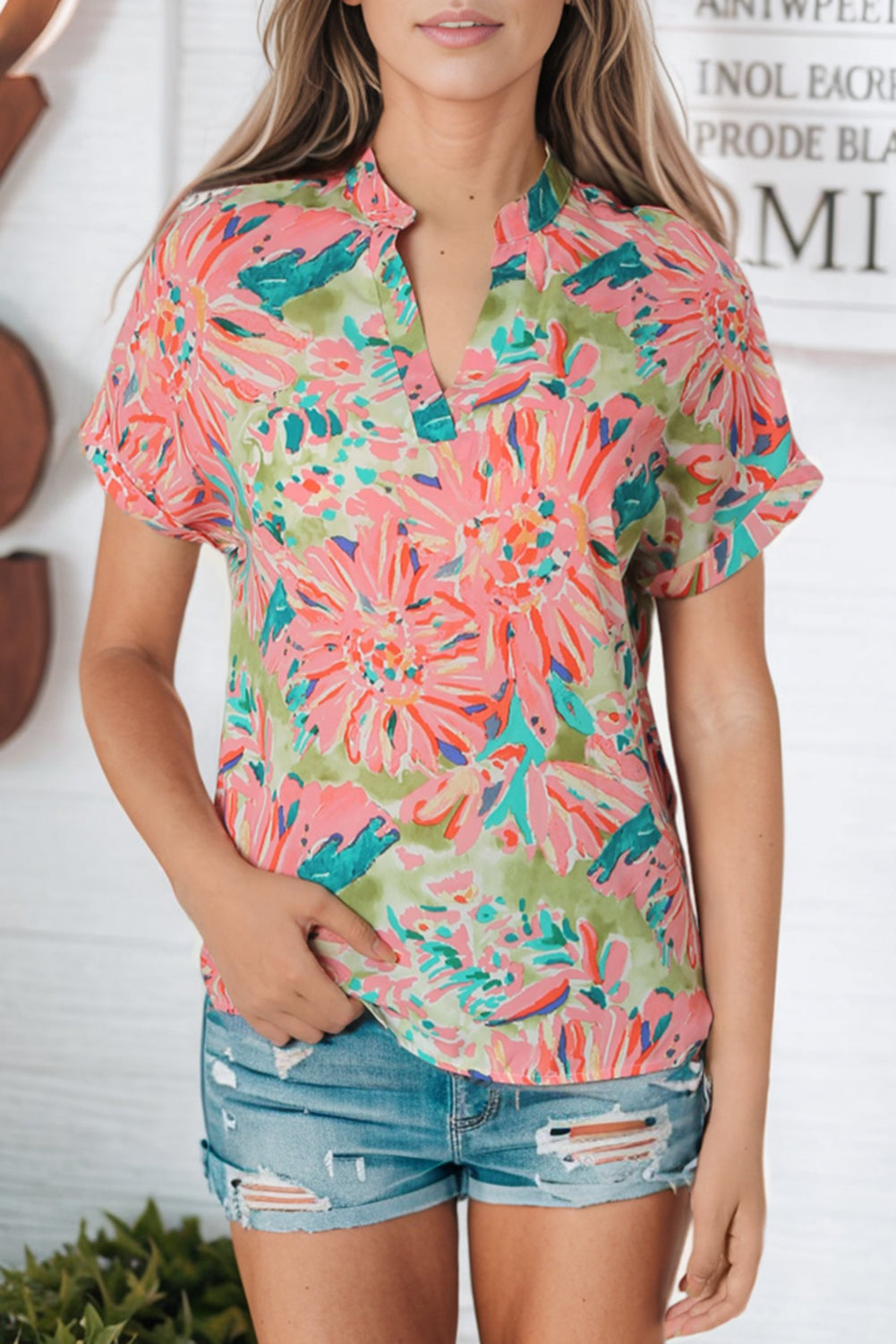 Floral Notched Neck Short Sleeve Top