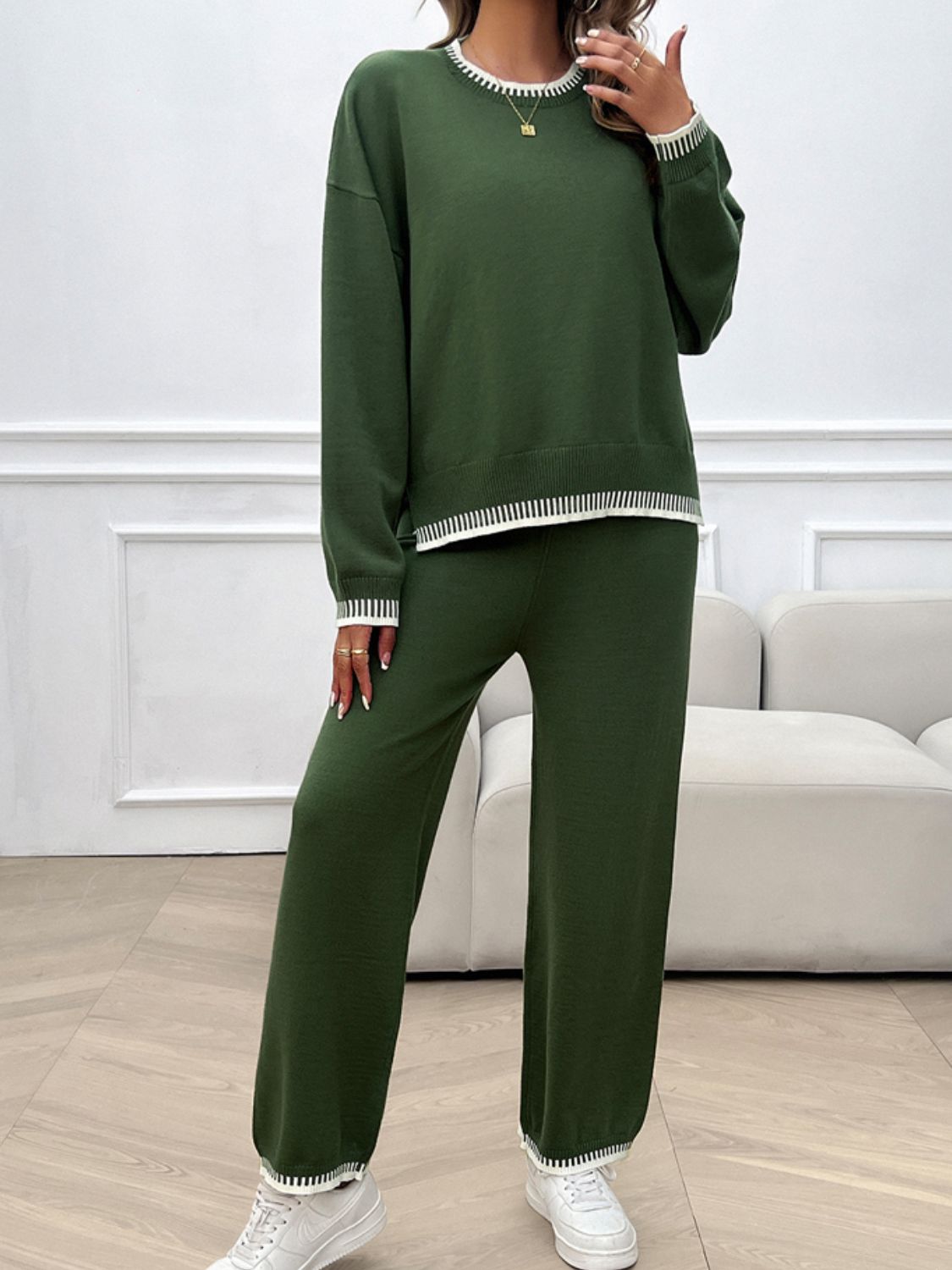 Round Neck Dropped Shoulder Top and Pants Sweater Set