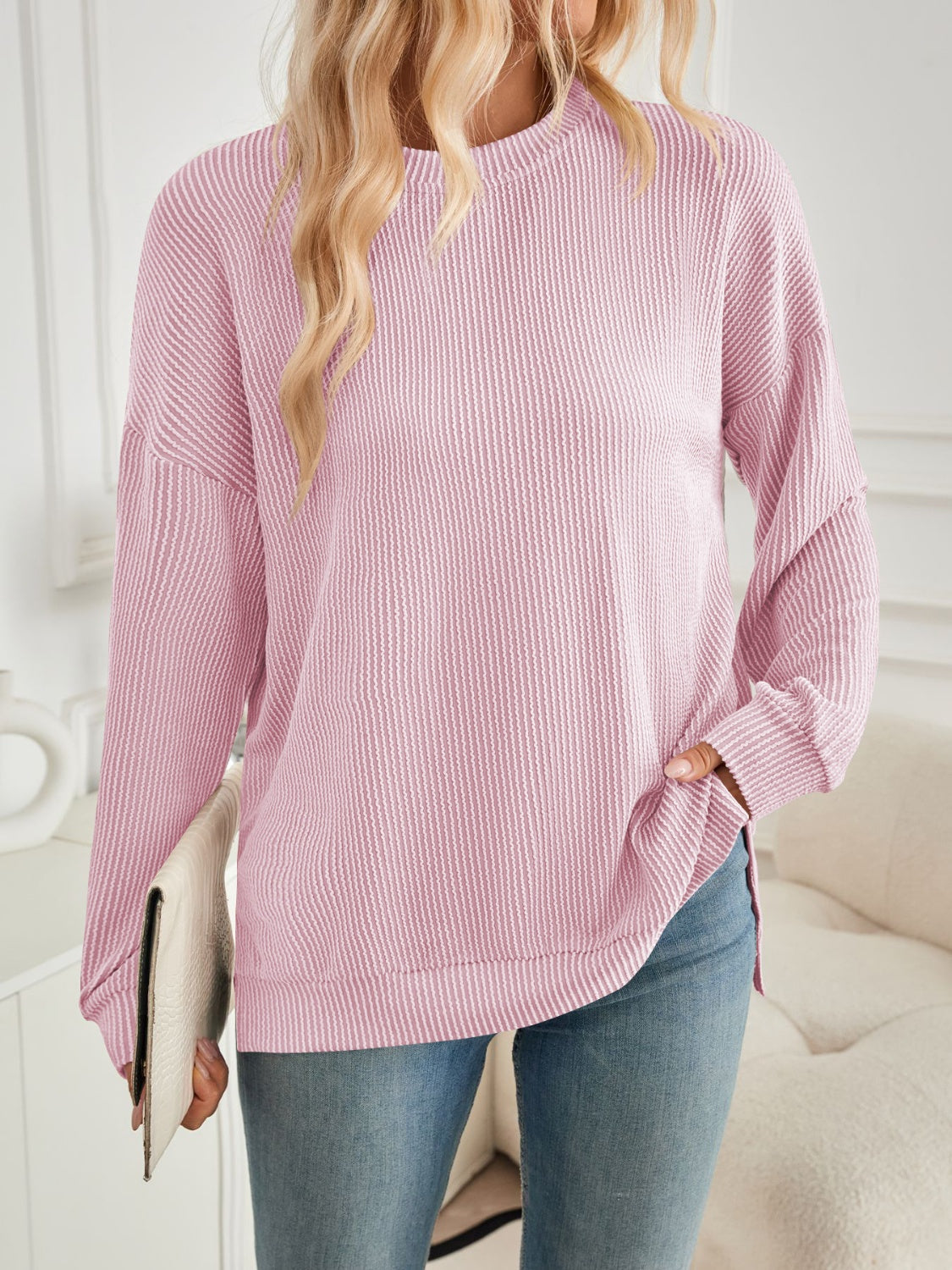 Slit Round Neck Long Sleeve Sweatshirt