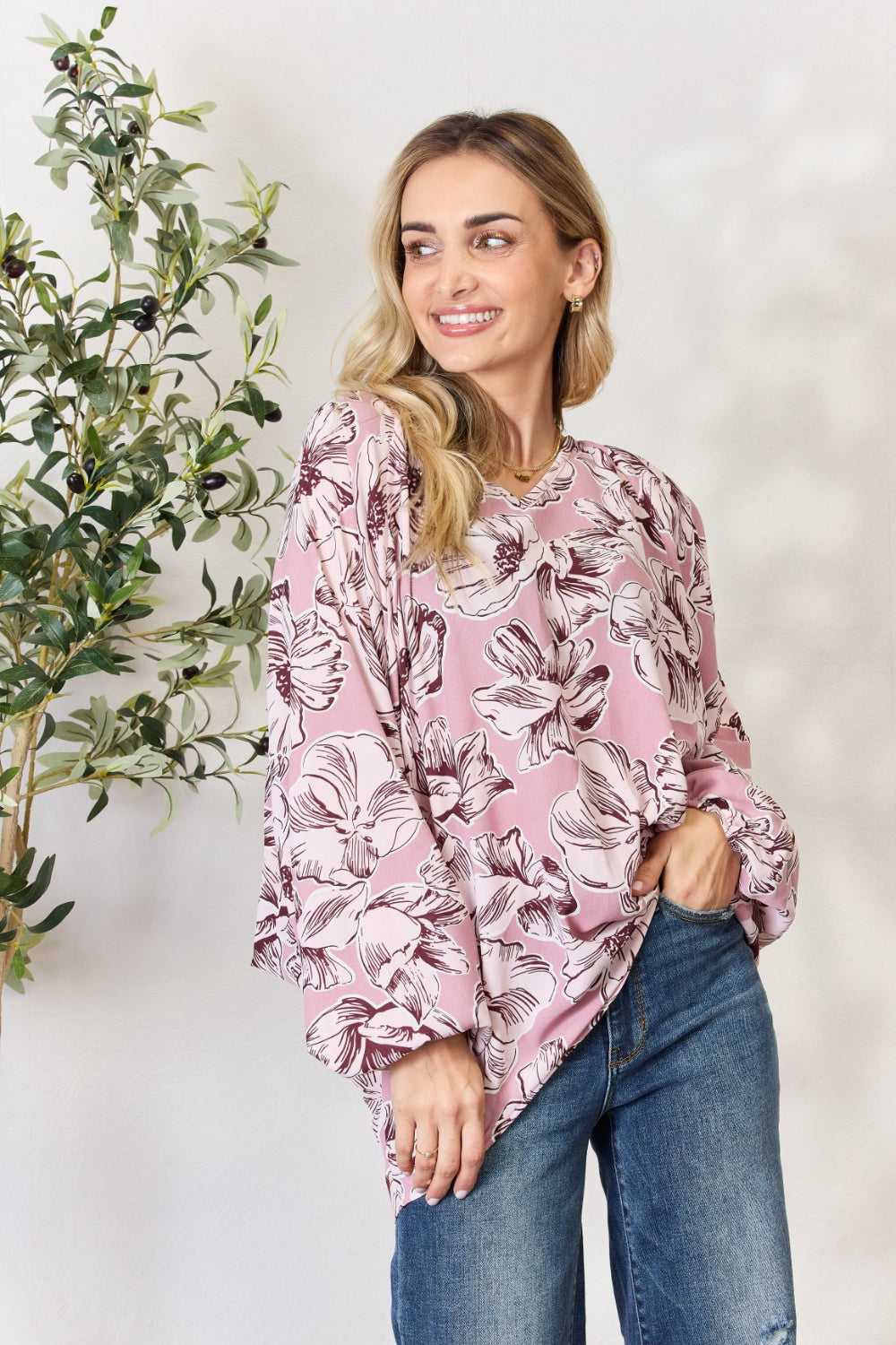 Heimish Full Size Floral V-Neck Balloon Sleeve Blouse