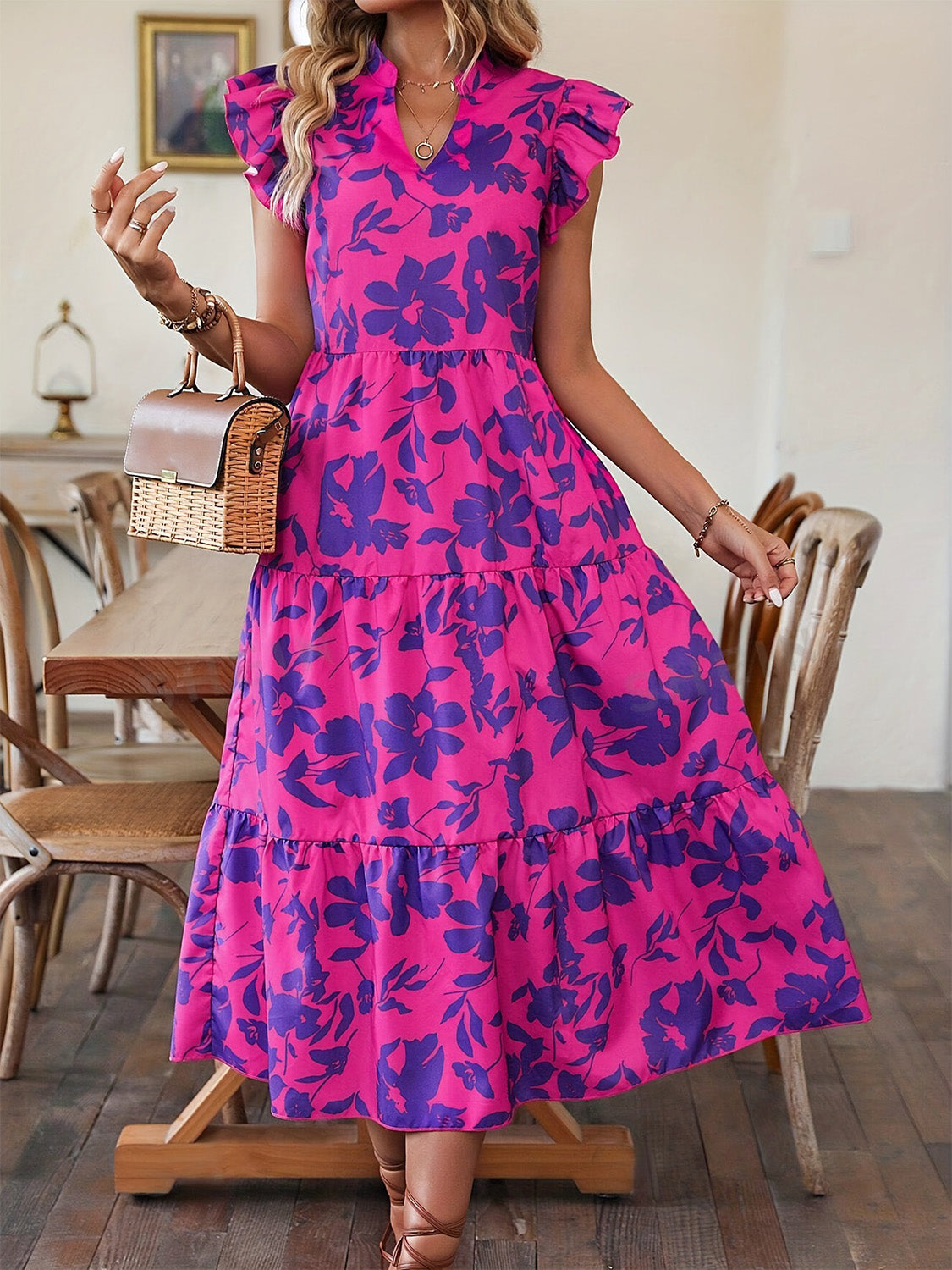 Ruffled Printed Cap Sleeve Midi Dress