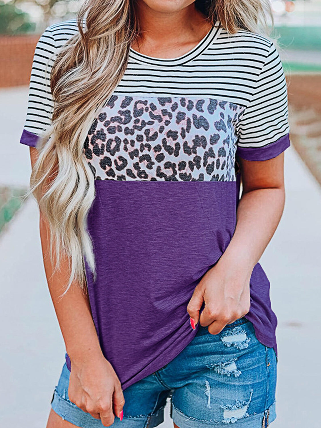 Full Size Striped Leopard Round Neck Short Sleeve T-Shirt