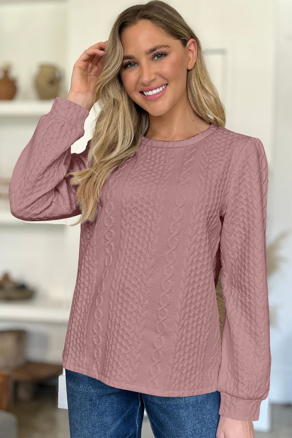 Textured Round Neck Long Sleeve Sweatshirt