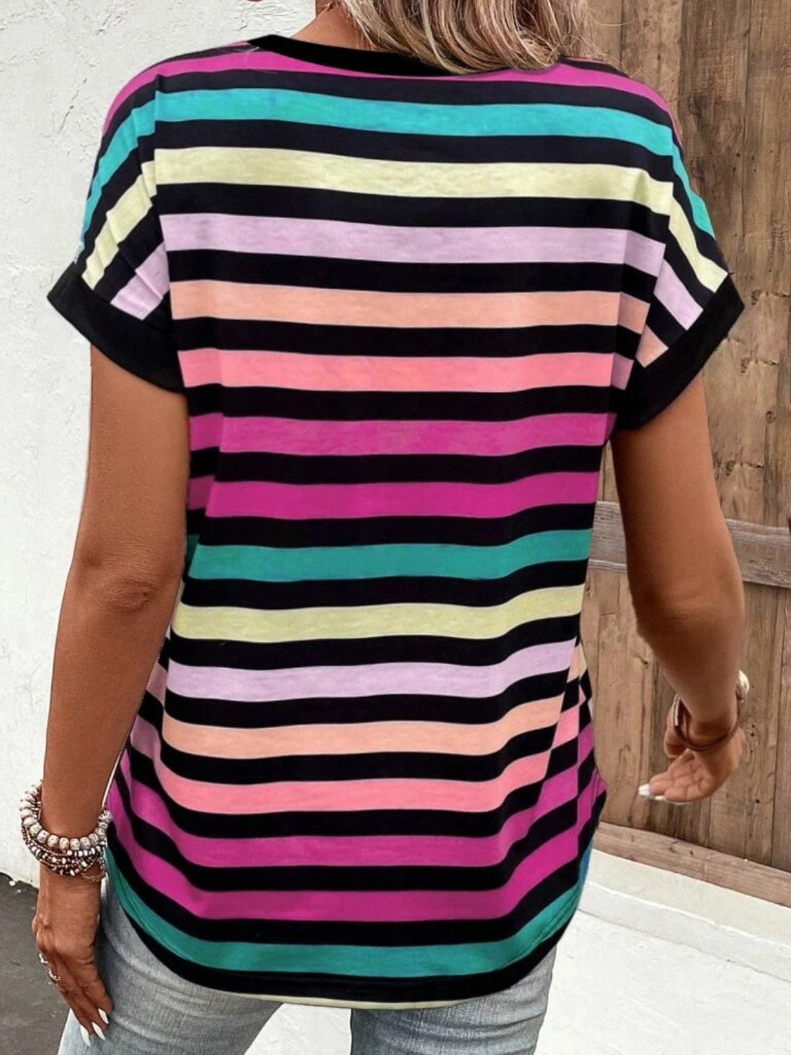 Striped V-Neck Short Sleeve T-Shirt