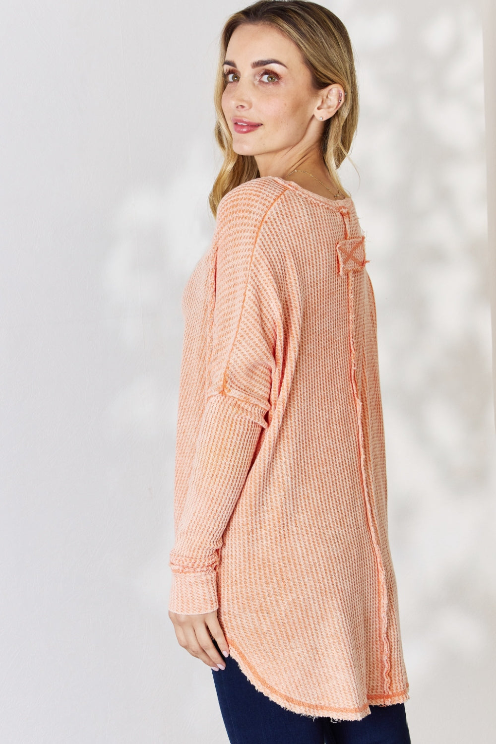 Zenana Oversized Washed Waffle Long Sleeve Top