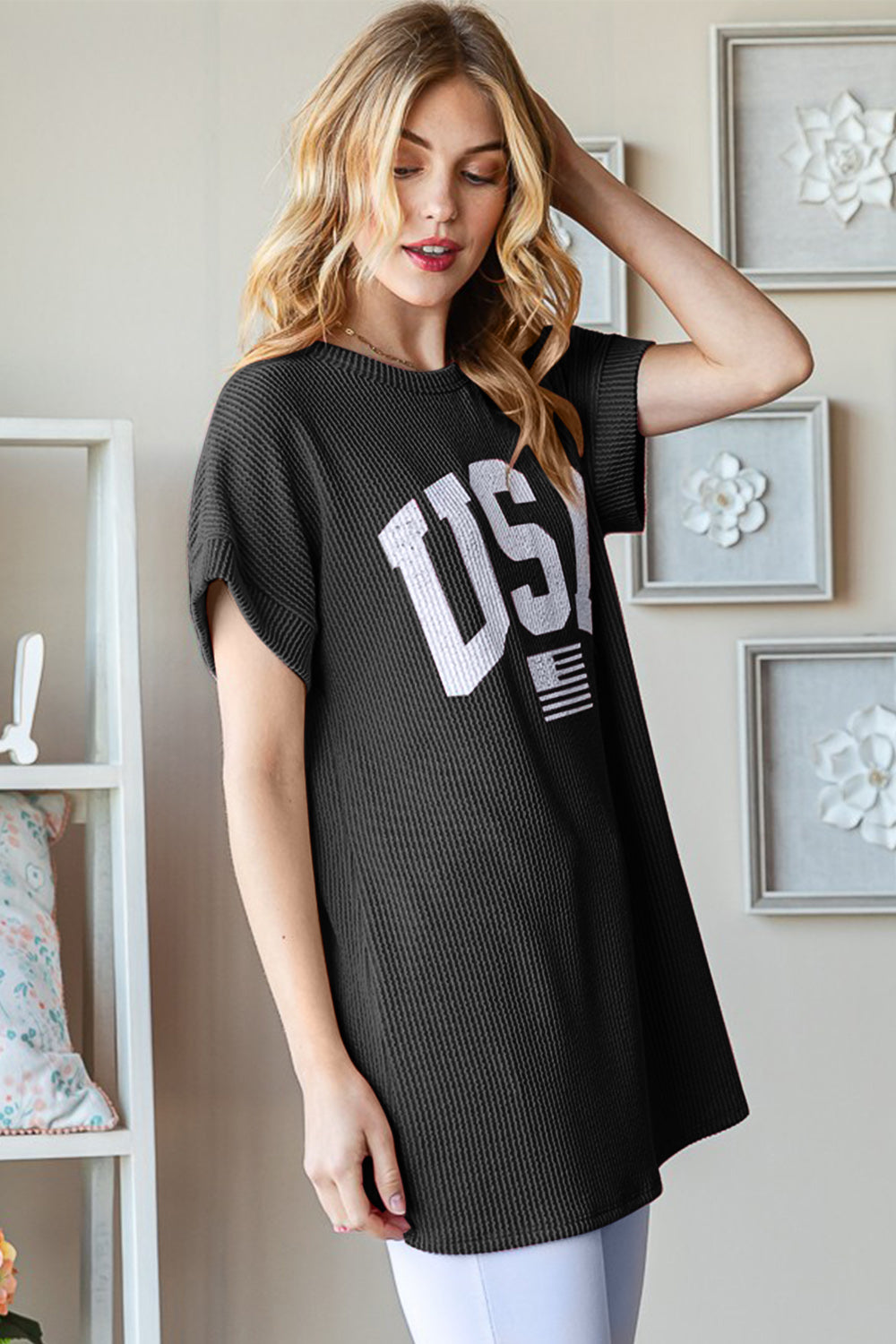 Heimish Full Size USA Graphic Short Sleeve Ribbed Top