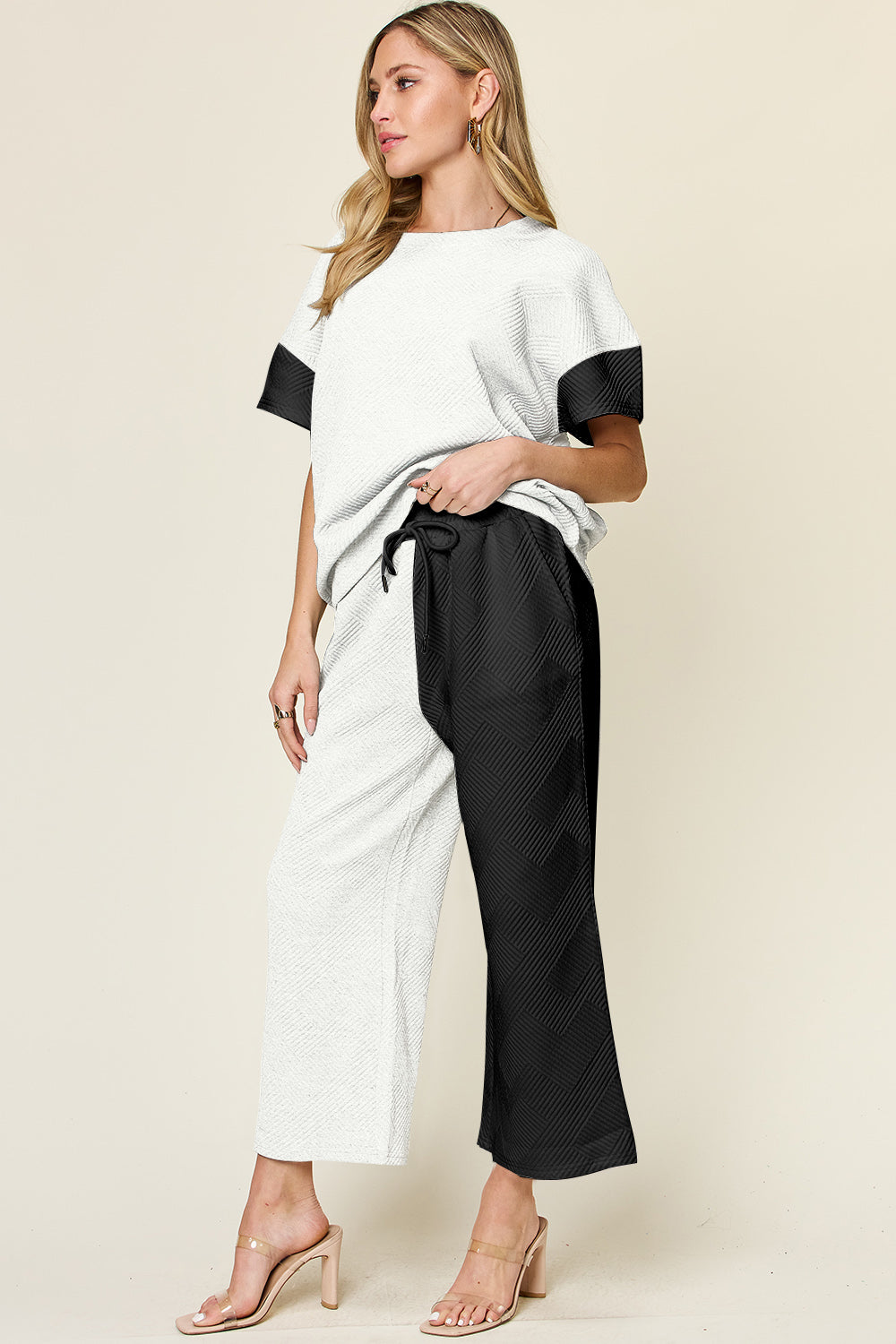 Double Take Full Size Texture Contrast T-Shirt and Wide Leg Pants Set