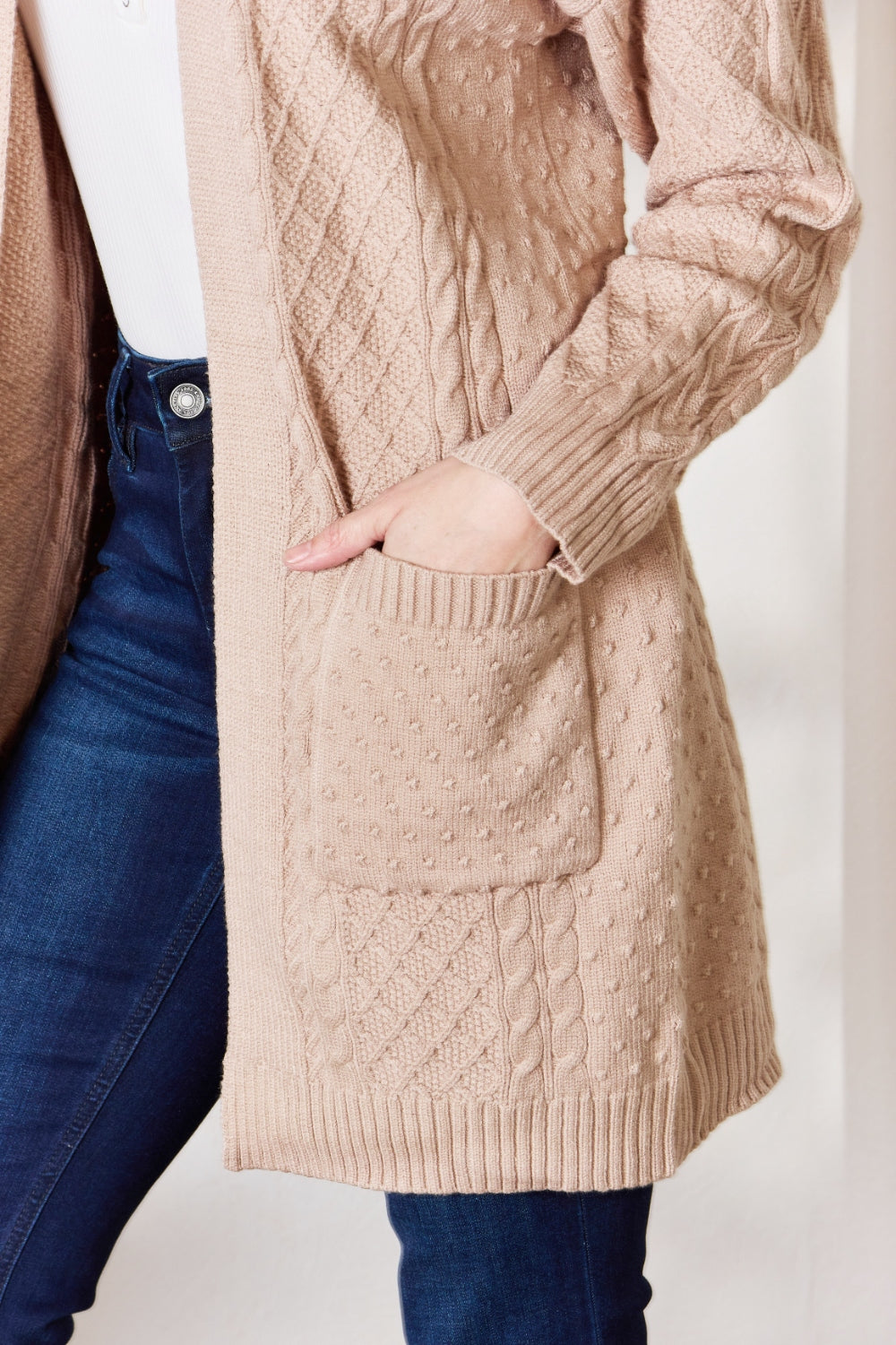 Hailey & Co Full Size Cable-Knit Pocketed Cardigan