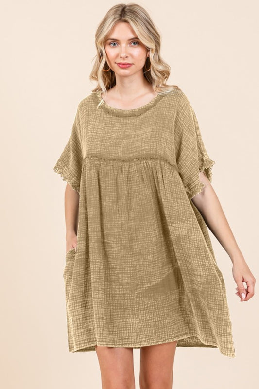 Culture Code Full Size Short Sleeve Babydoll Texture Dress with Pockets