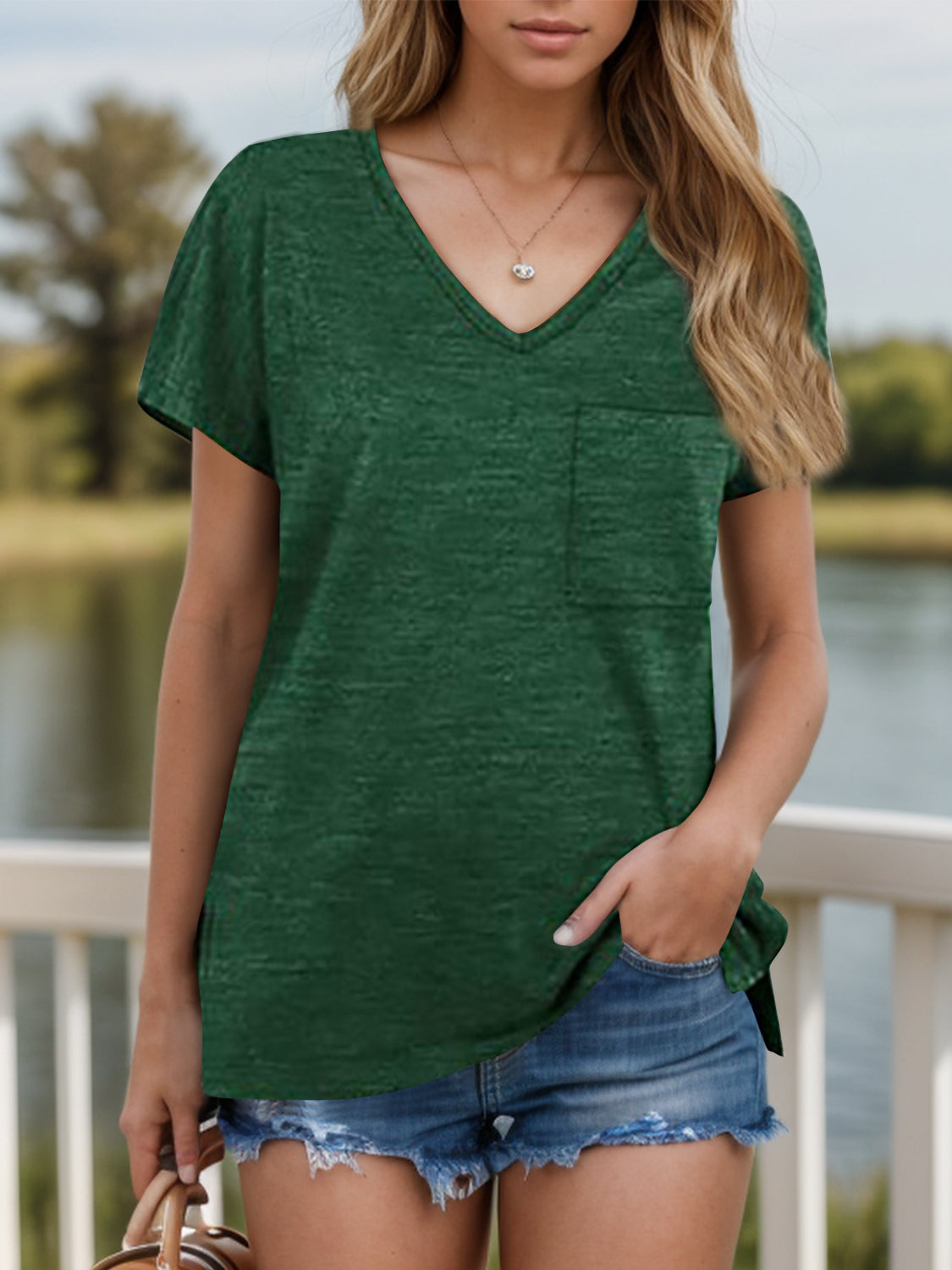 Pocketed Heathered V-Neck Short Sleeve T-Shirt