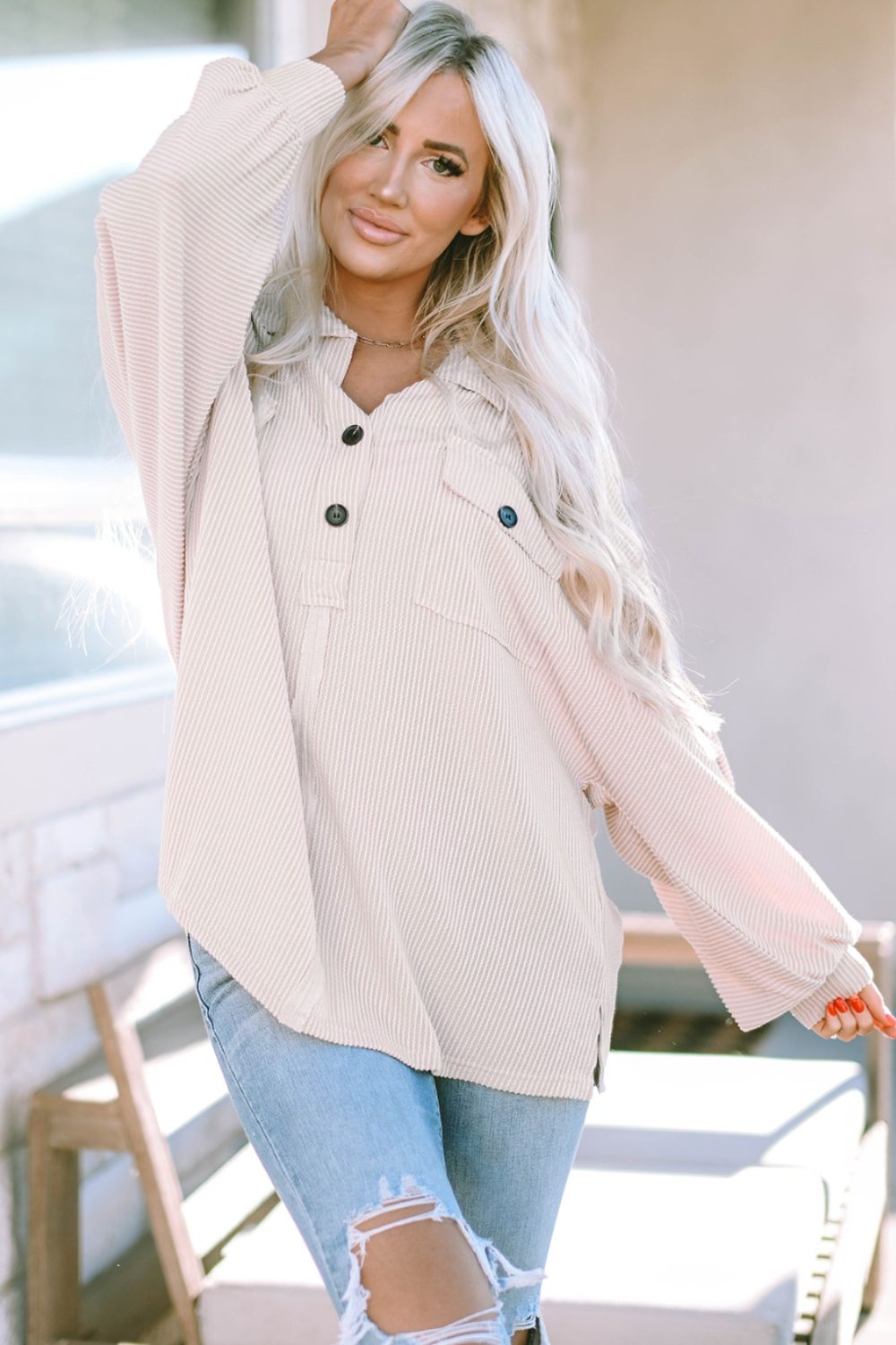 Collared Neck Half Button Long Sleeve Blouse