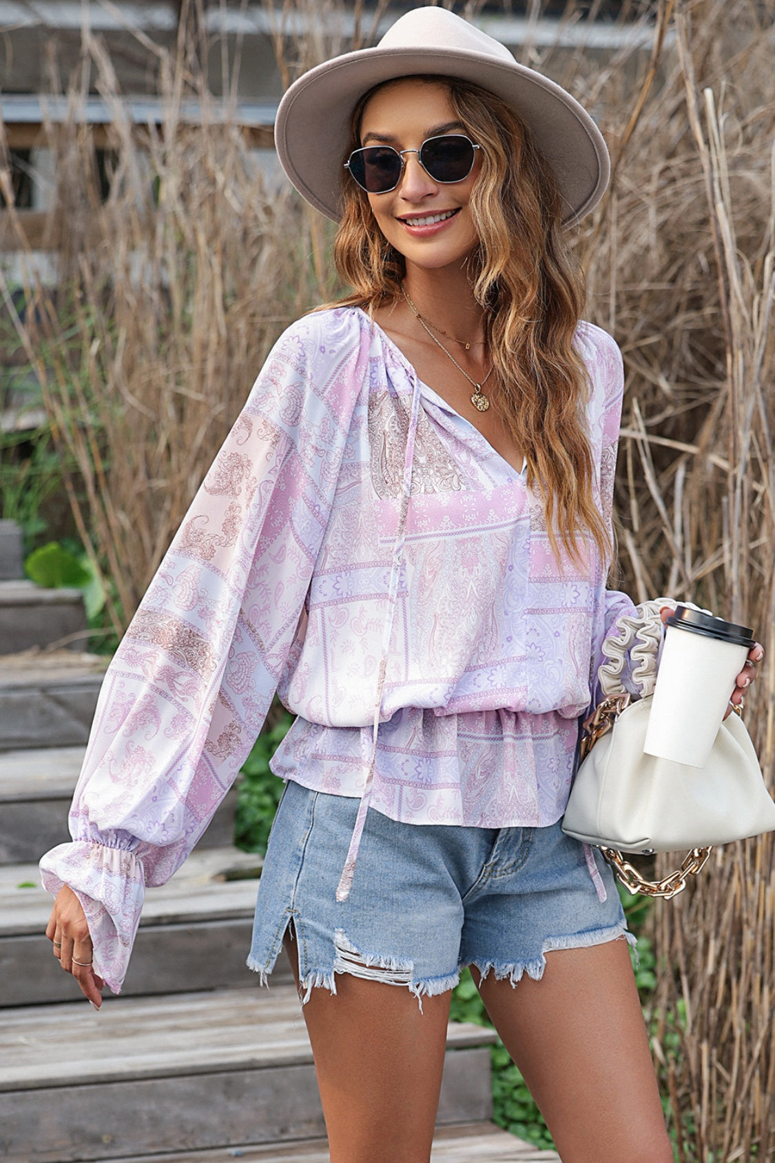 Printed Tie Neck Flounce Sleeve Blouse