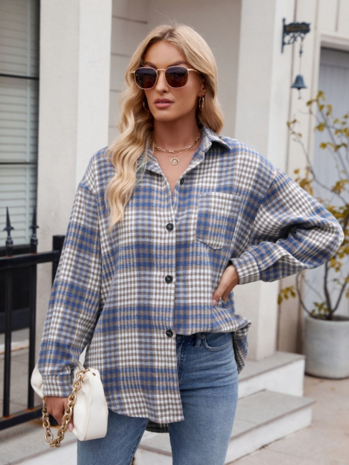 Pocketed Plaid Collared Neck Long Sleeve Shirt