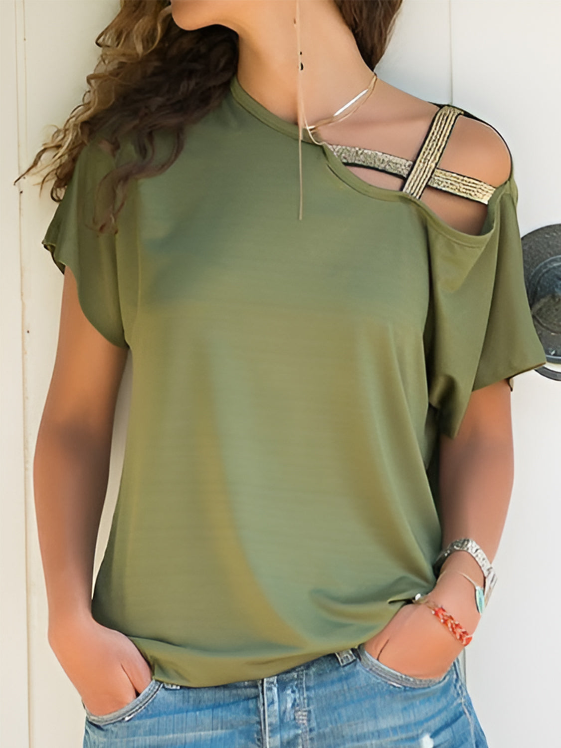 Asymmetrical Neck Short Sleeve T-Shirt