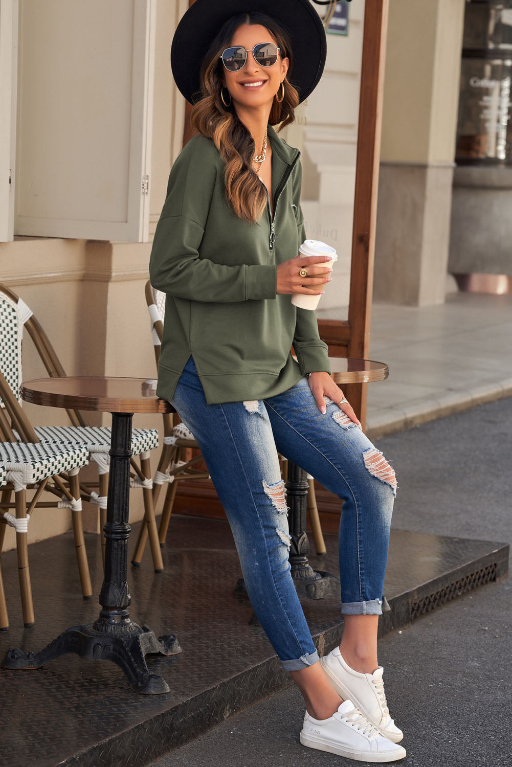 Half Zip Dropped Shoulder Long Sleeve Sweatshirt