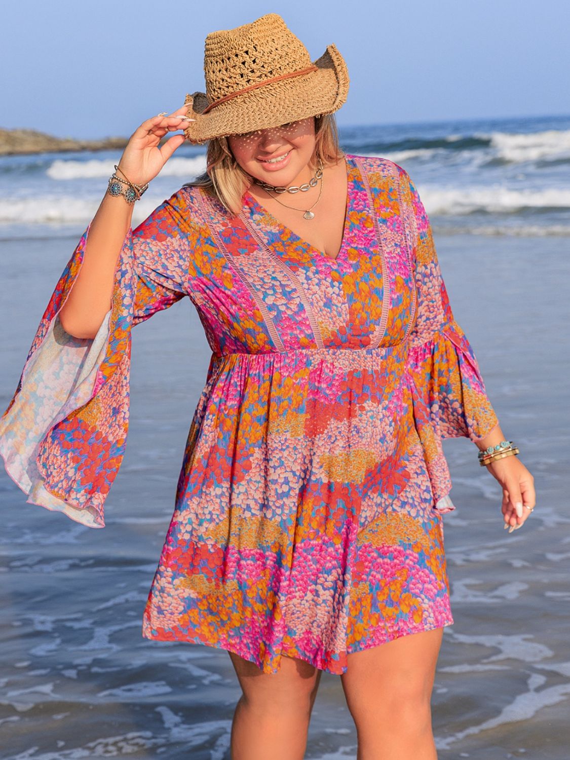 Plus Size Ruched Printed Long Sleeve Dress