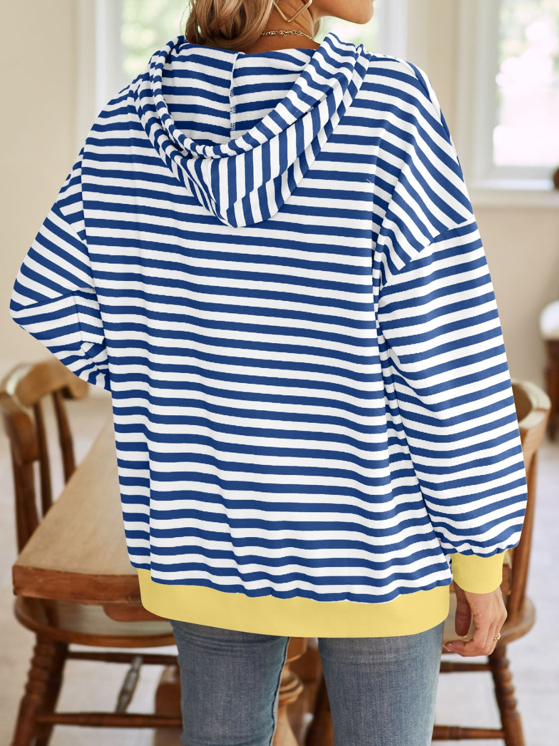 Drawstring Striped Long Sleeve Hoodie