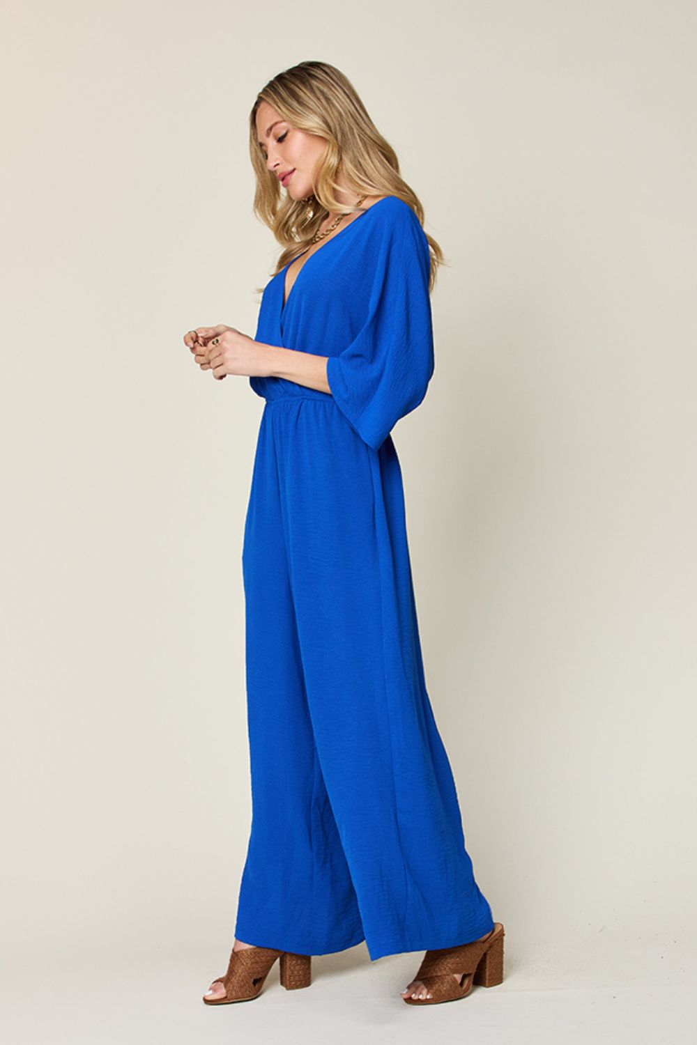 Double Take Full Size Surplice Wide Leg Jumpsuit with Pockets