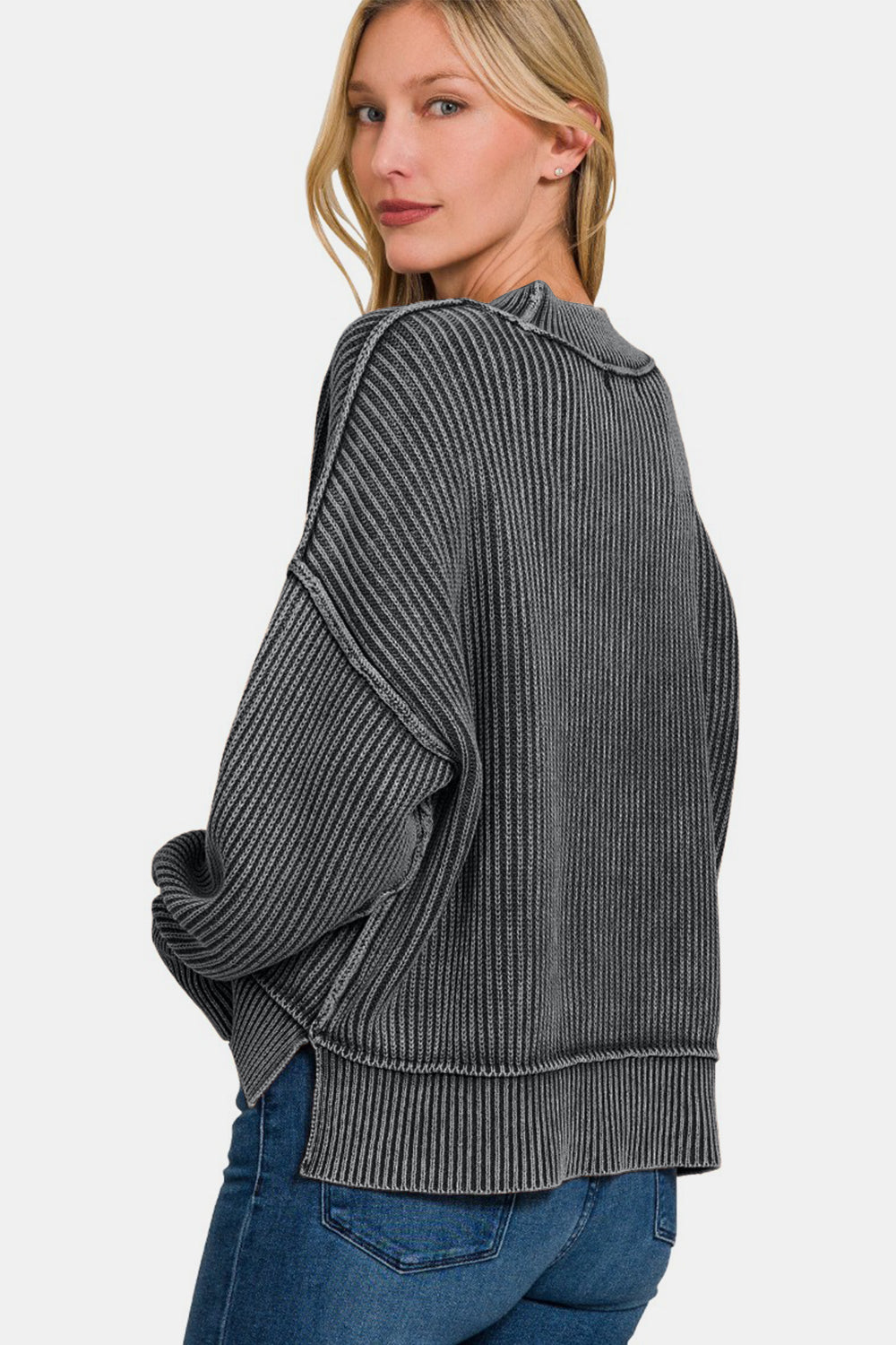 Zenana Exposed Seam Round Neck Dropped Shoulder Sweater