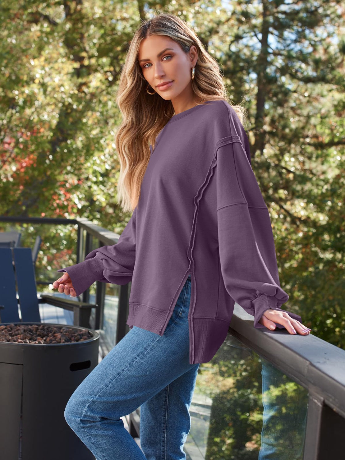 Slit Round Neck Long Sleeve Sweatshirt