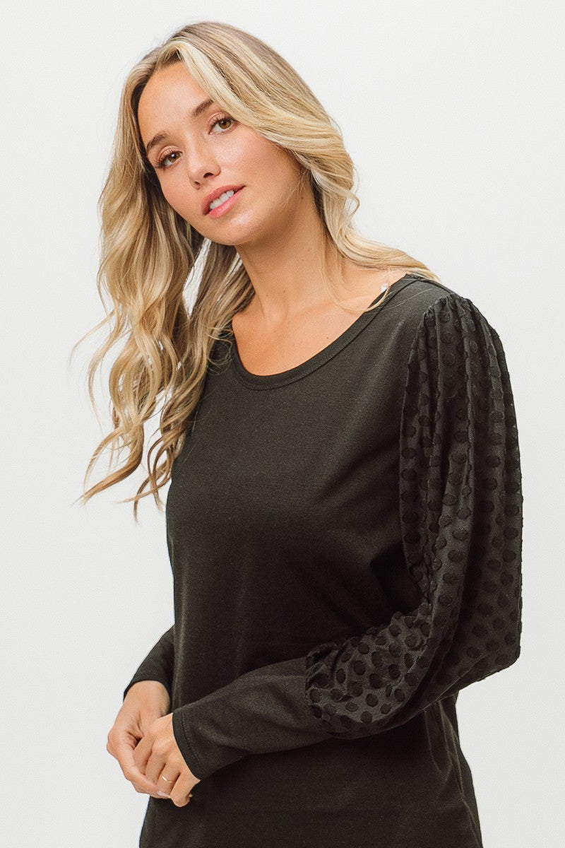 BiBi Round Neck Polka Dot Lantern Sleeve Top