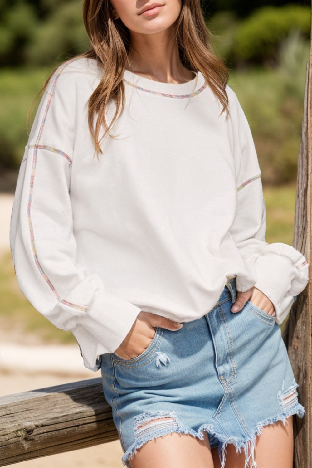 Rainbow Trim Round Neck Long Sleeve Sweatshirt