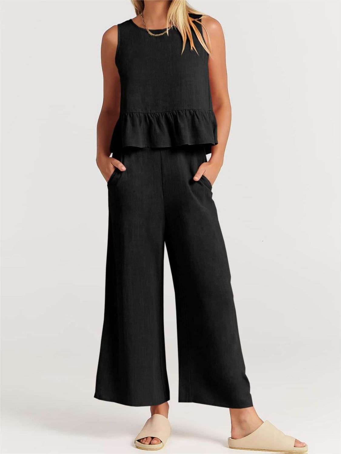 Full Size Round Neck Top and Wide Leg Pants Set