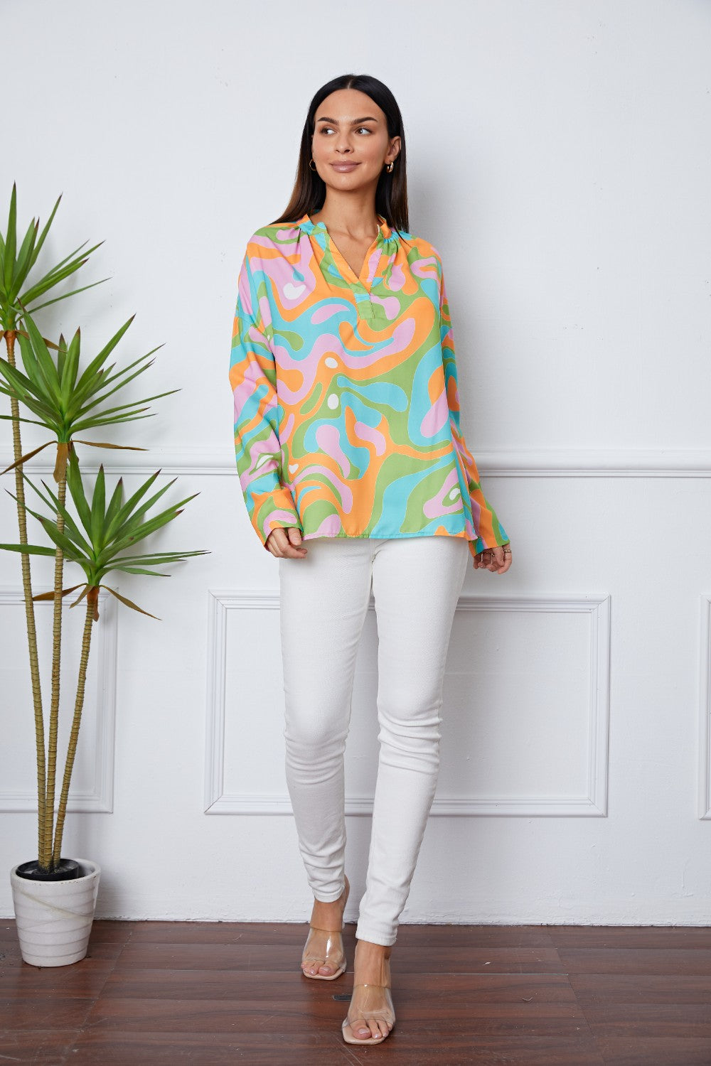 Printed Notched Long Sleeve Blouse