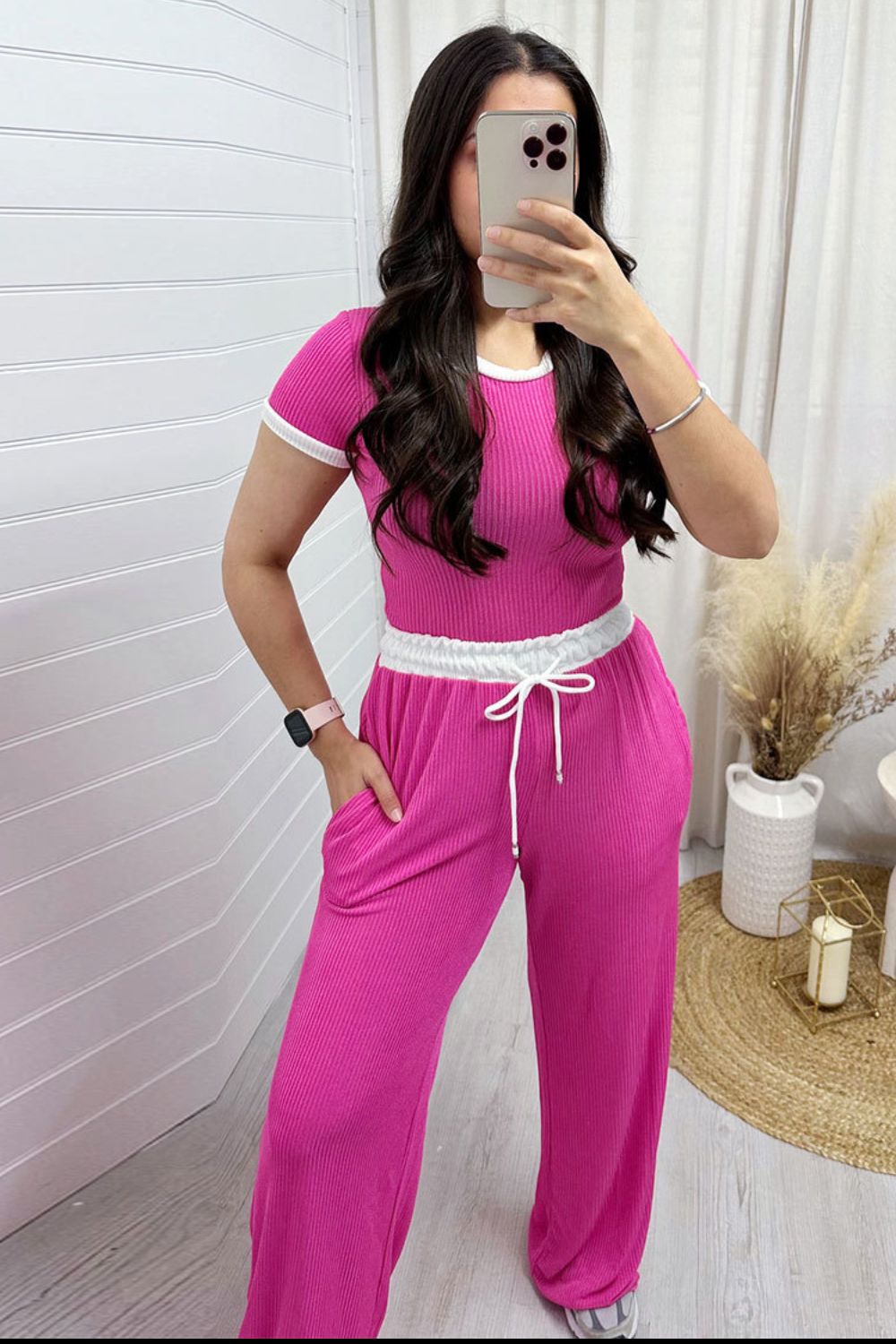 Contrast Trim Round Neck Top and Pants Set