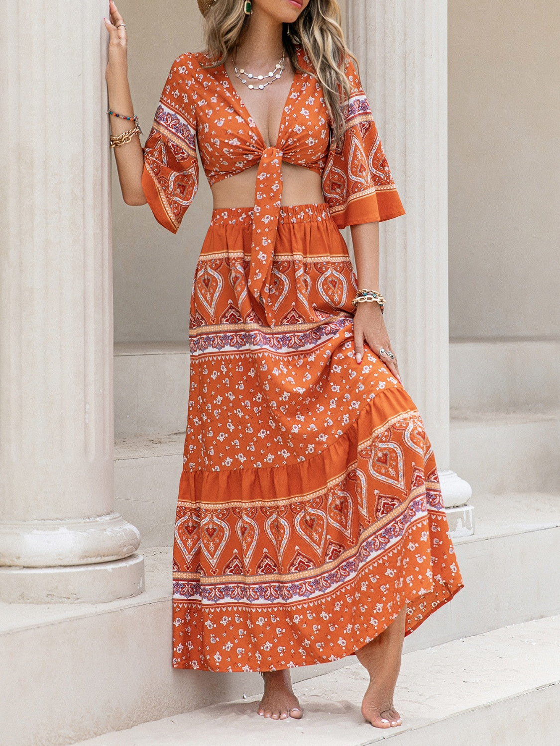 Printed Plunge Half Sleeve Top and Skirt Set