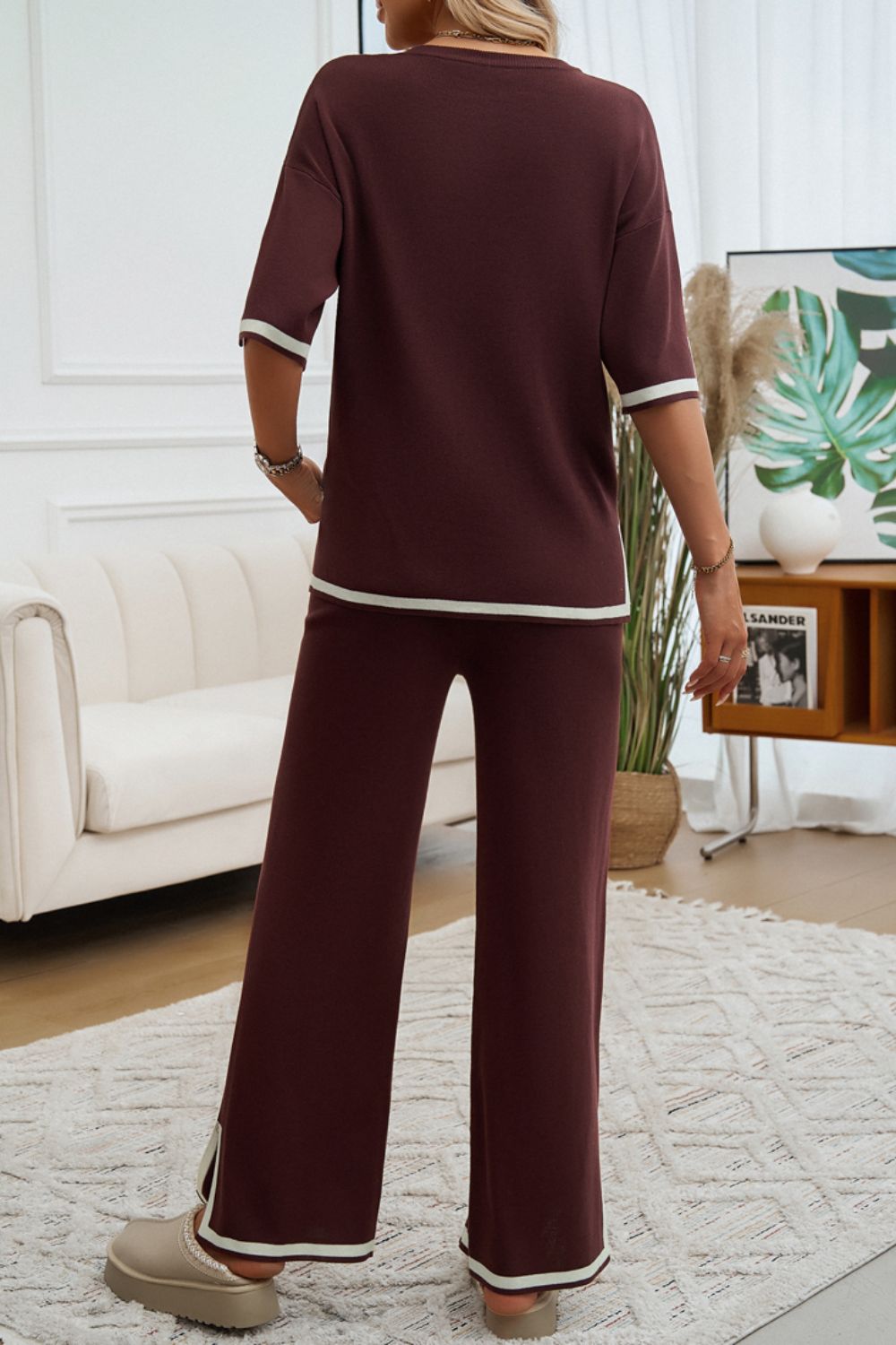 Contrast Trim Half Sleeve Top and Pants Set