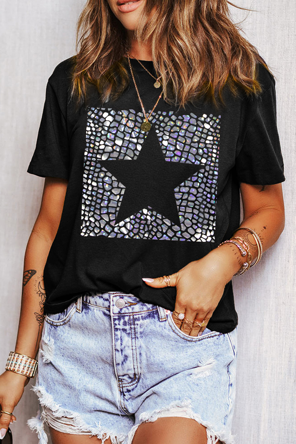 Star Round Neck Short Sleeve T-Shirt