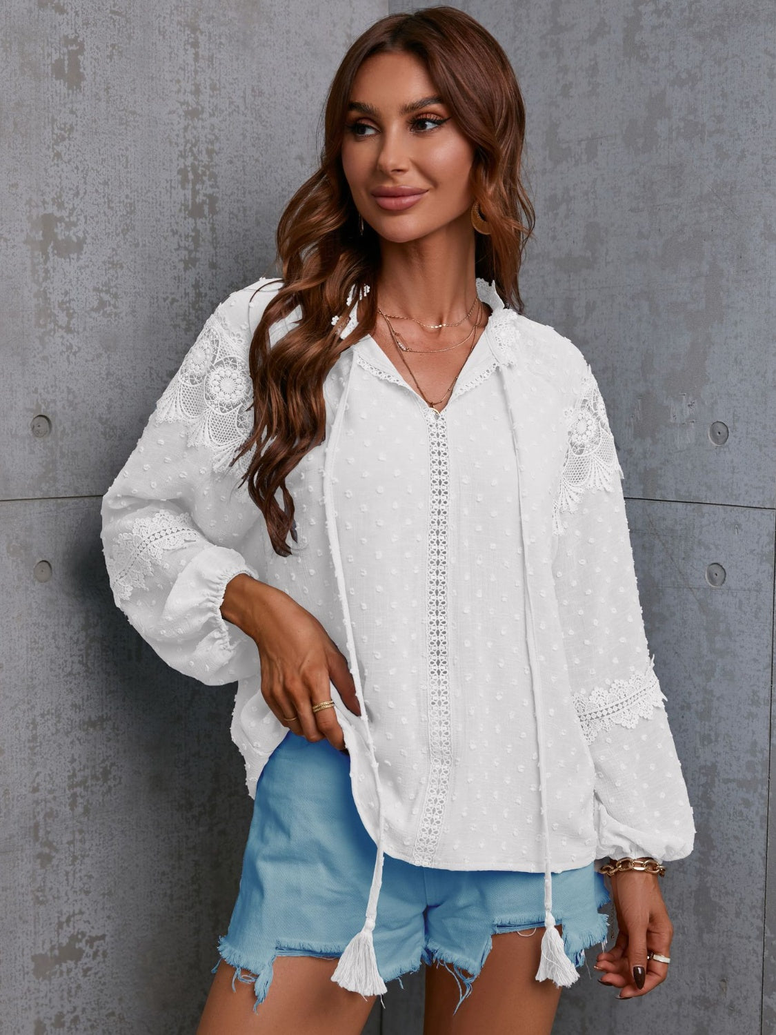 Crochet Tassel Tie Neck Long Sleeve Blouse